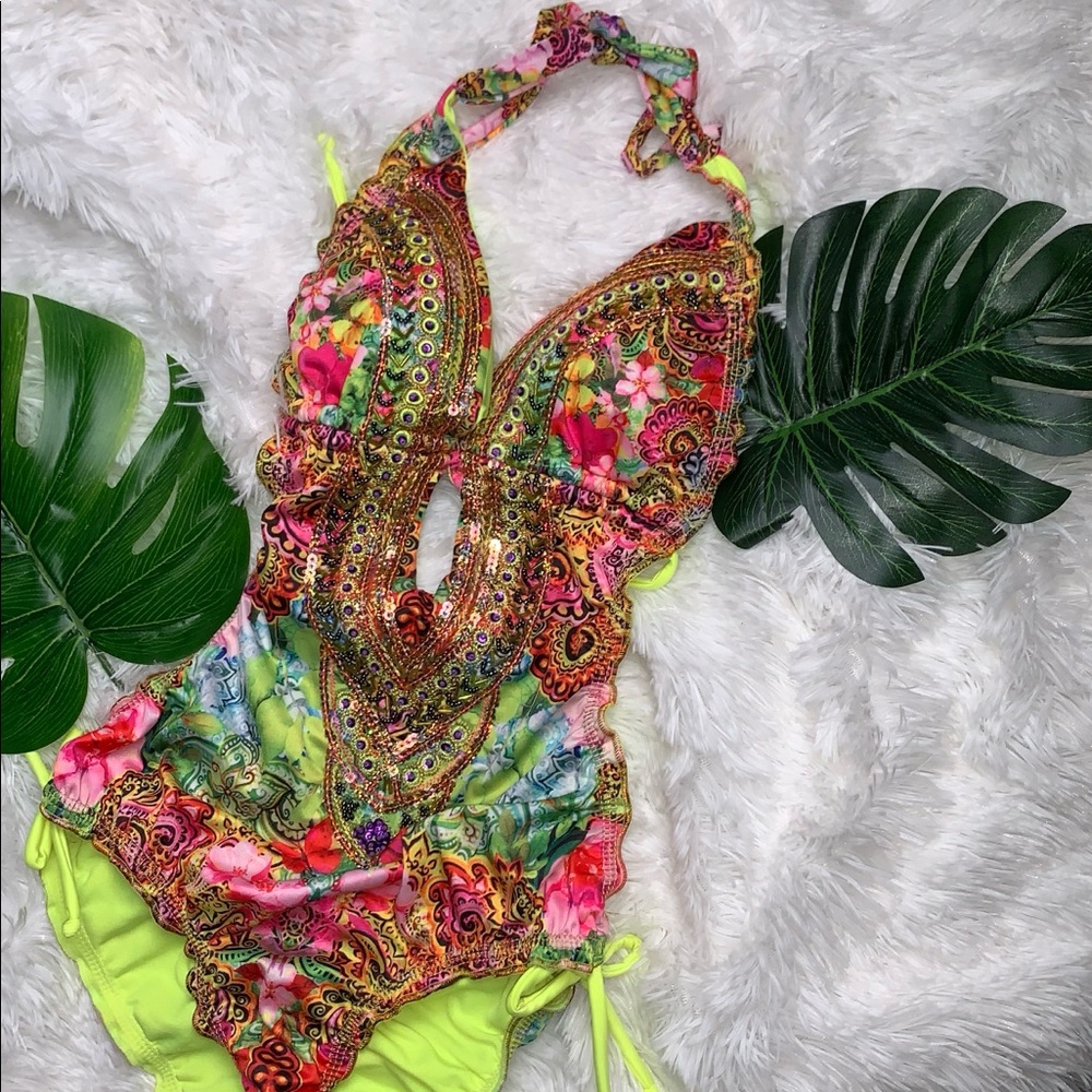 Bahia Coral Embellished One Piece Swimsuit Sz S